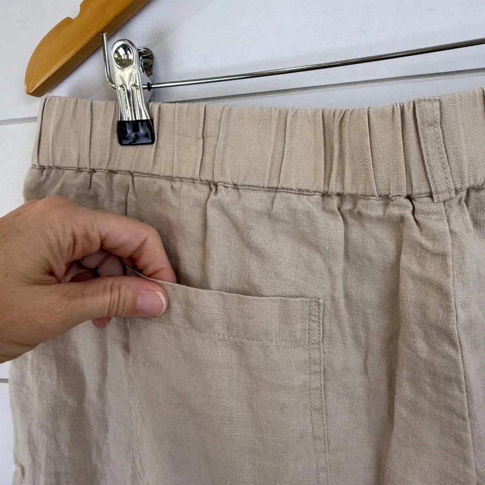 Quince‎ 100% EUROPEAN Linen Wide Leg CROP Pants DRIFTWOOD WOMEN L Elastic Waist